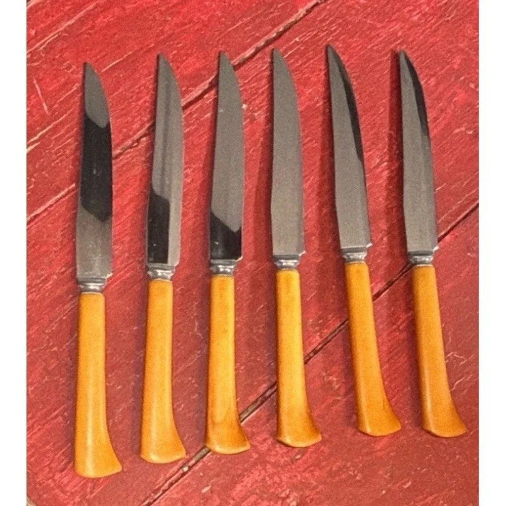6 Vtg Royal Brand Sharp Cutter‎ Stainless Steel Knife Yellow Celluloid Handle